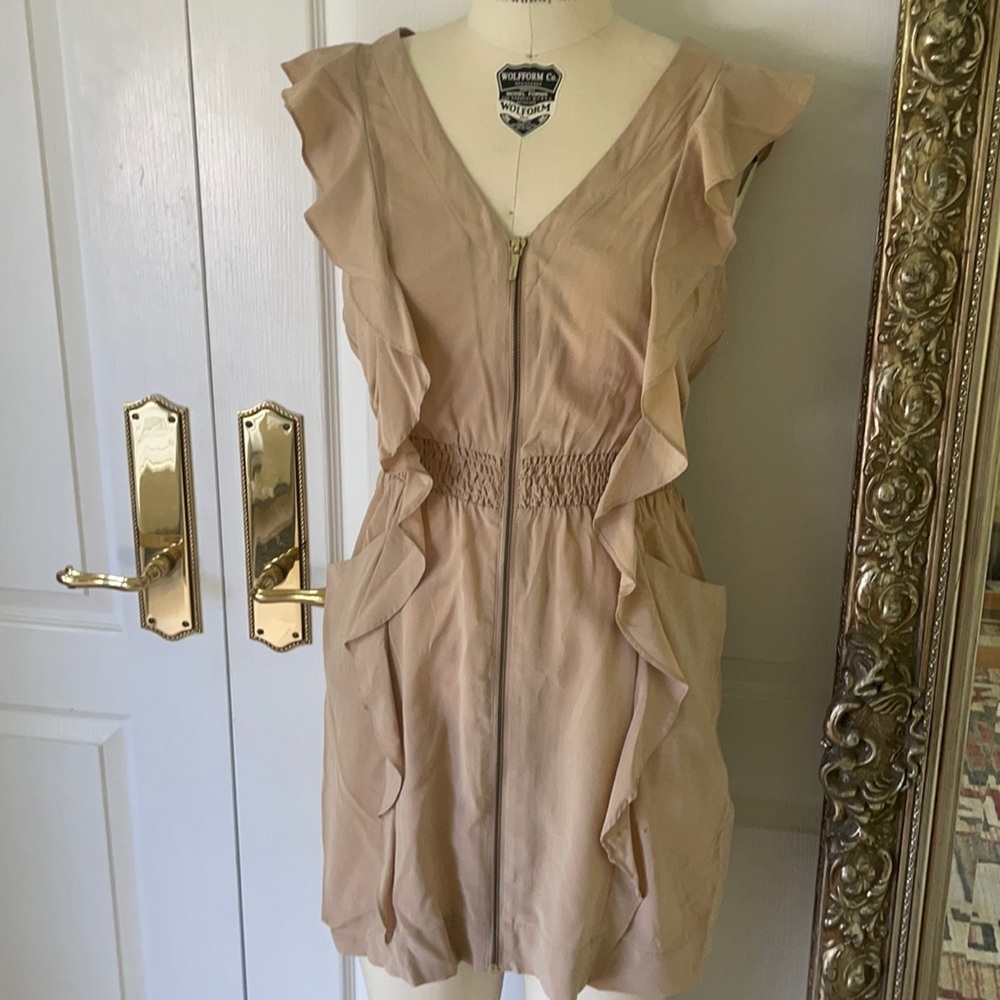 Bebe beige silk ruffle zipper dress size M